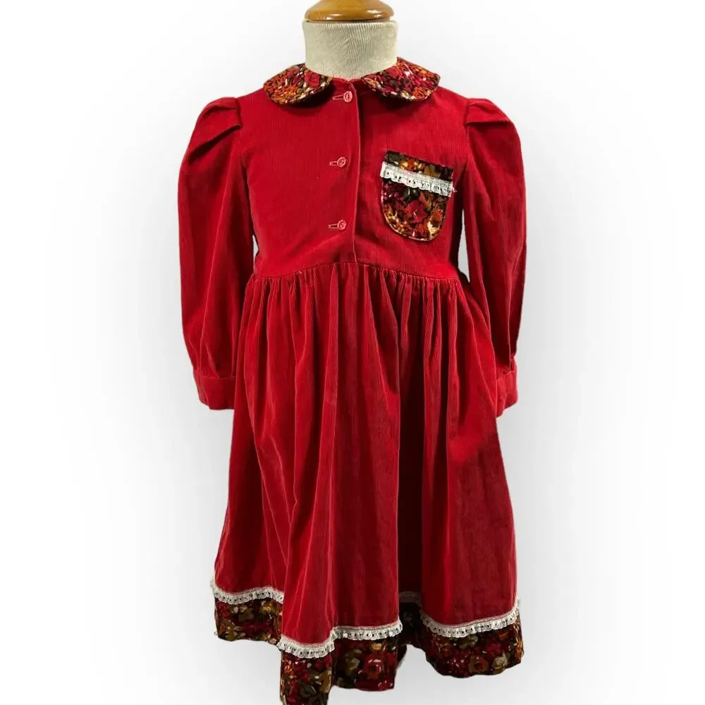 Vintage 70s Girls Corduroy Prairie Dress Red Floral Handmade Size 6 Cottagecore